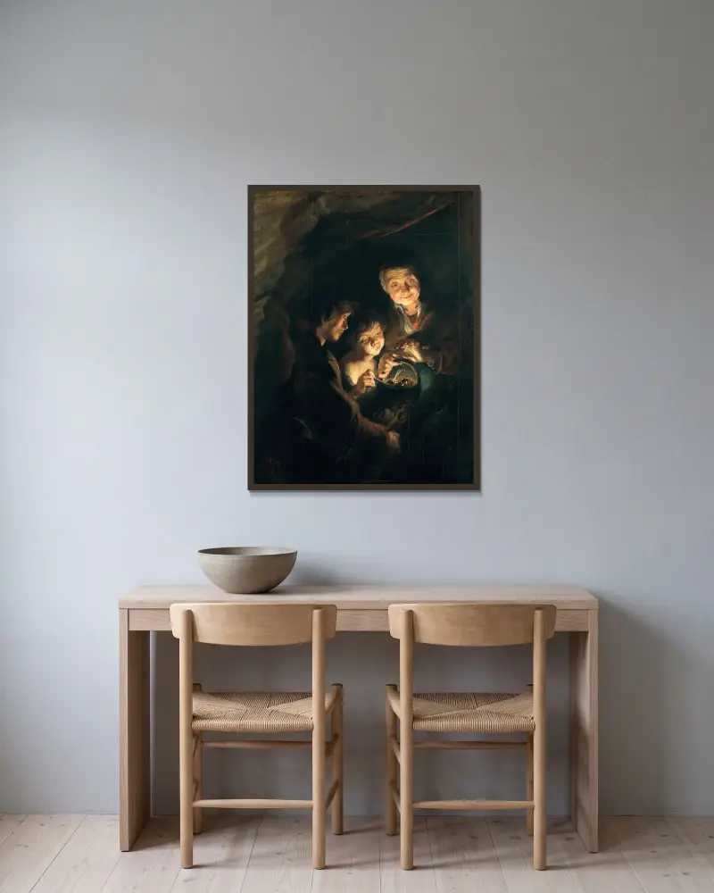 Gammal kvinna med kolkorg av Peter Paul Rubens inramad på en vägg
