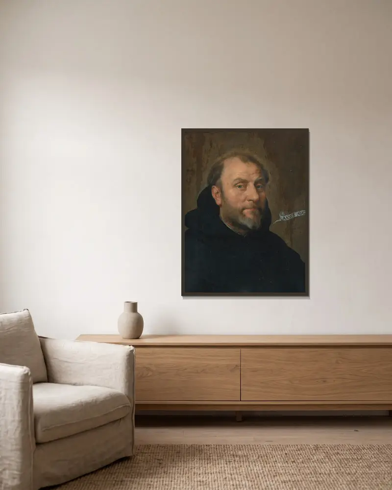 Porträtt av en munk av Follower of Peter Paul Rubens inramad på en vägg