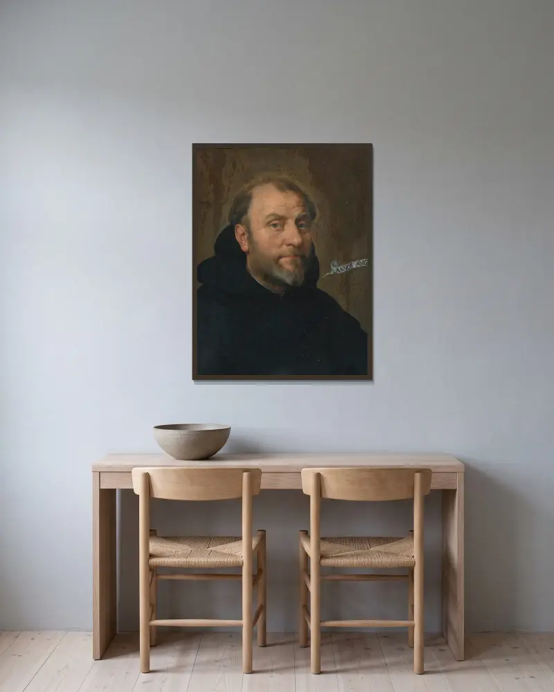 Porträtt av en munk av Follower of Peter Paul Rubens inramad på en vägg