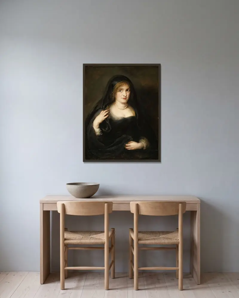 Porträtt av en kvinna, troligen Susanna Lunden av Peter Paul Rubens inramad på en vägg