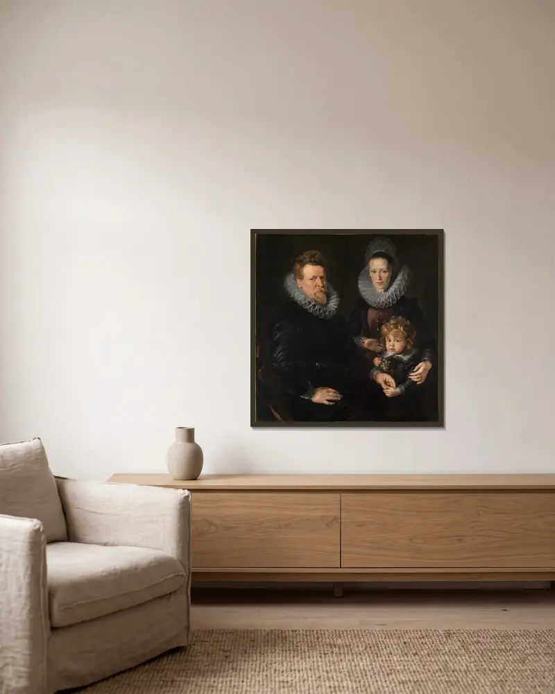 Porträtt av Brysselguldsmeden Robert Staes, hans hustru Anna och deras son Albert av Peter Paul Rubens inramad på en vägg