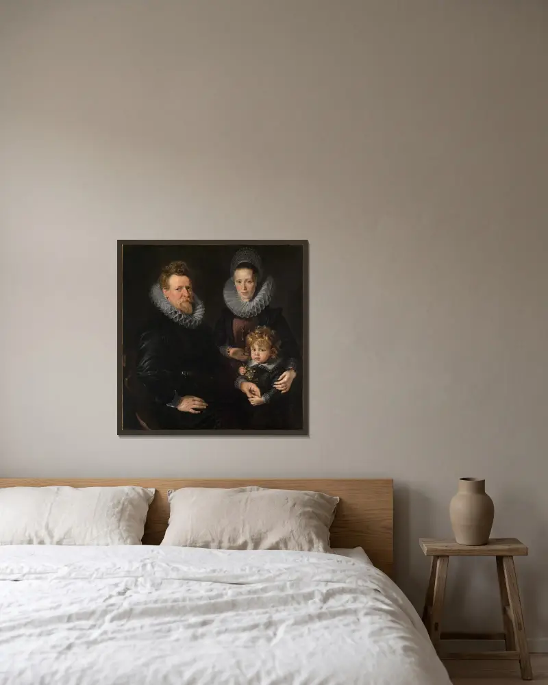 Porträtt av Brysselguldsmeden Robert Staes, hans hustru Anna och deras son Albert av Peter Paul Rubens inramad på en vägg