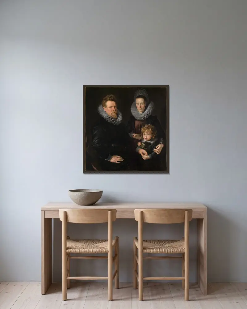 Porträtt av Brysselguldsmeden Robert Staes, hans hustru Anna och deras son Albert av Peter Paul Rubens inramad på en vägg