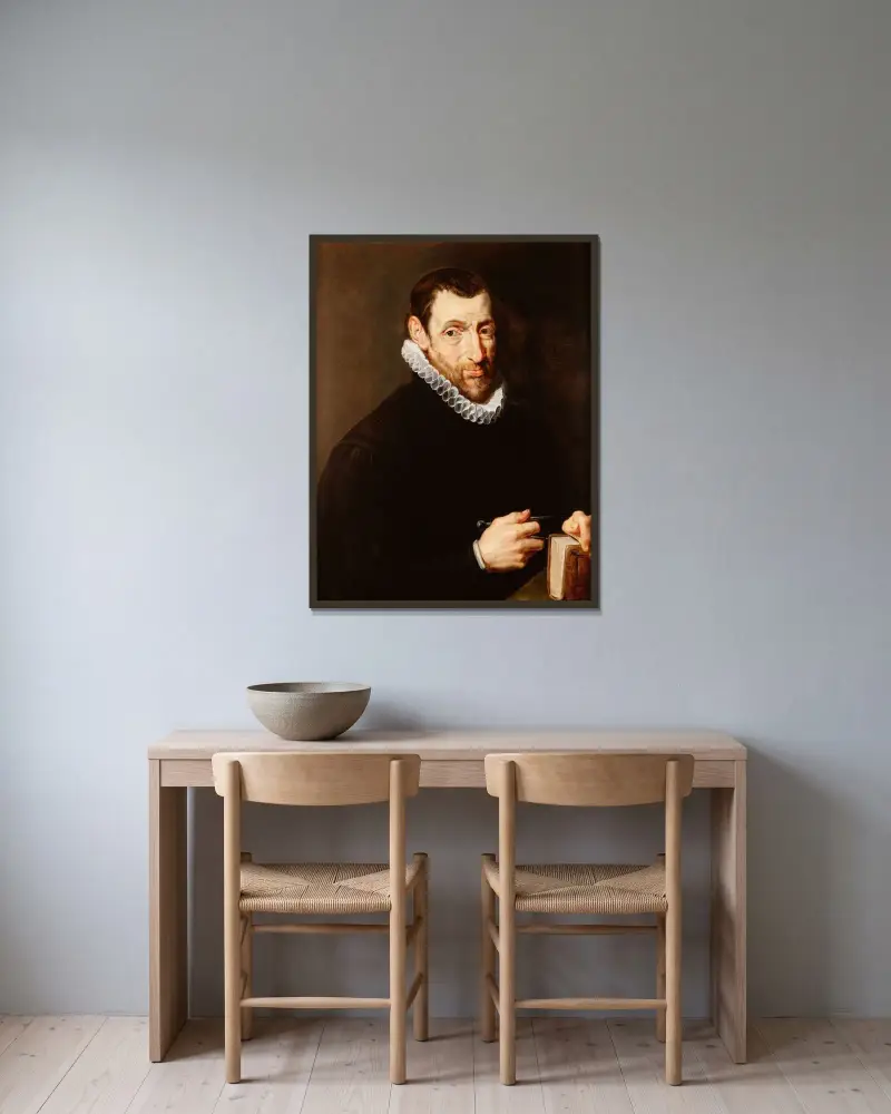 Porträtt av Christoffel Plantin av Peter Paul Rubens inramad på en vägg
