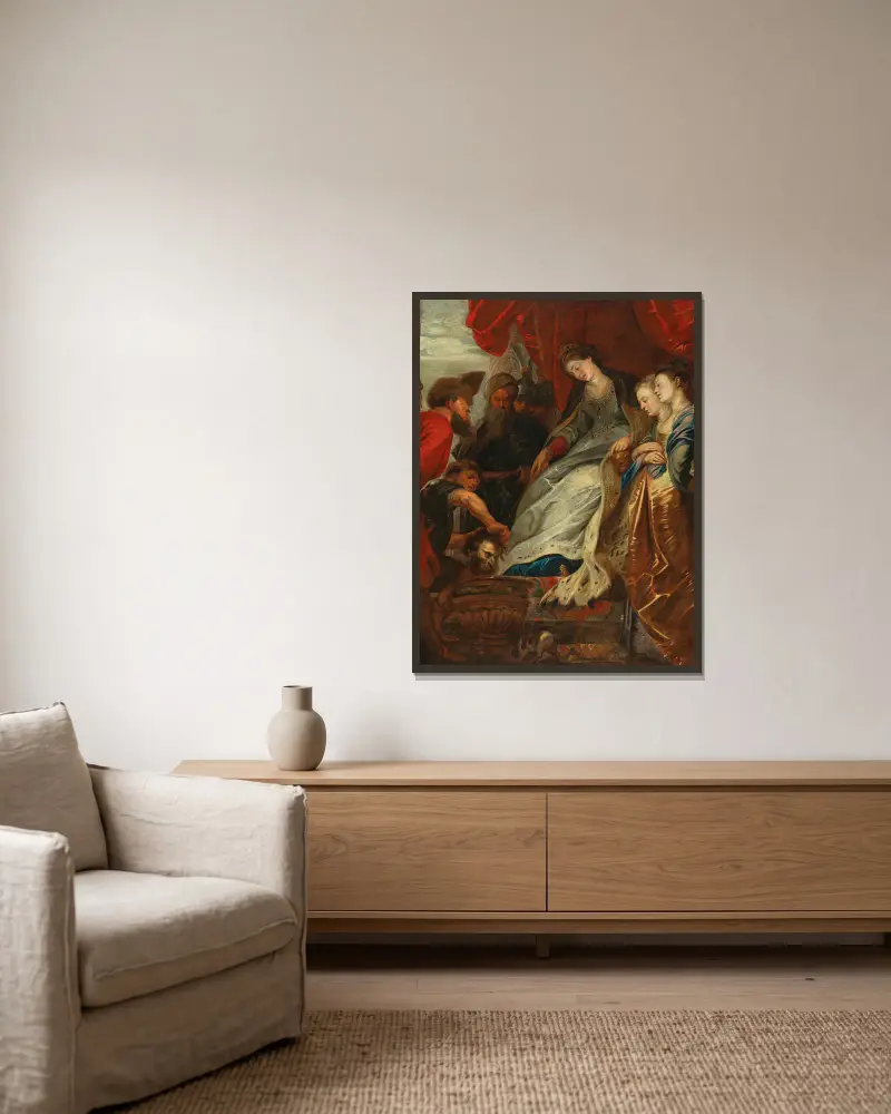 Königin Tomyris mit dem Haupt des Kyros von Follower of Peter Paul Rubens gerahmt an einer Wand