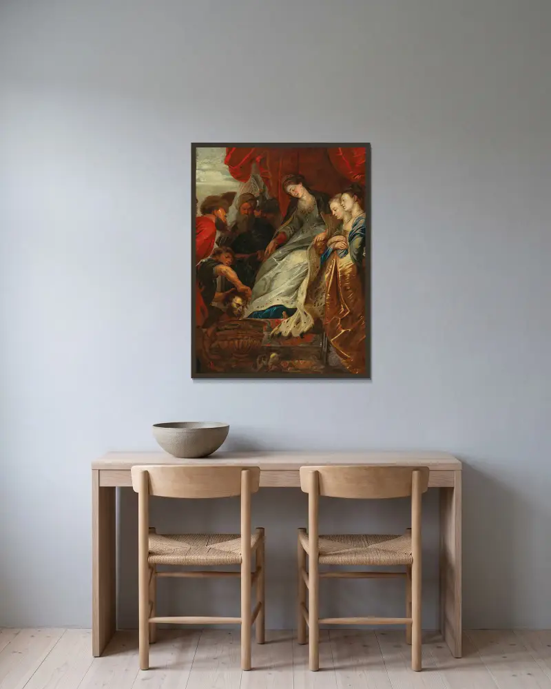 Königin Tomyris mit dem Haupt des Kyros von Follower of Peter Paul Rubens gerahmt an einer Wand