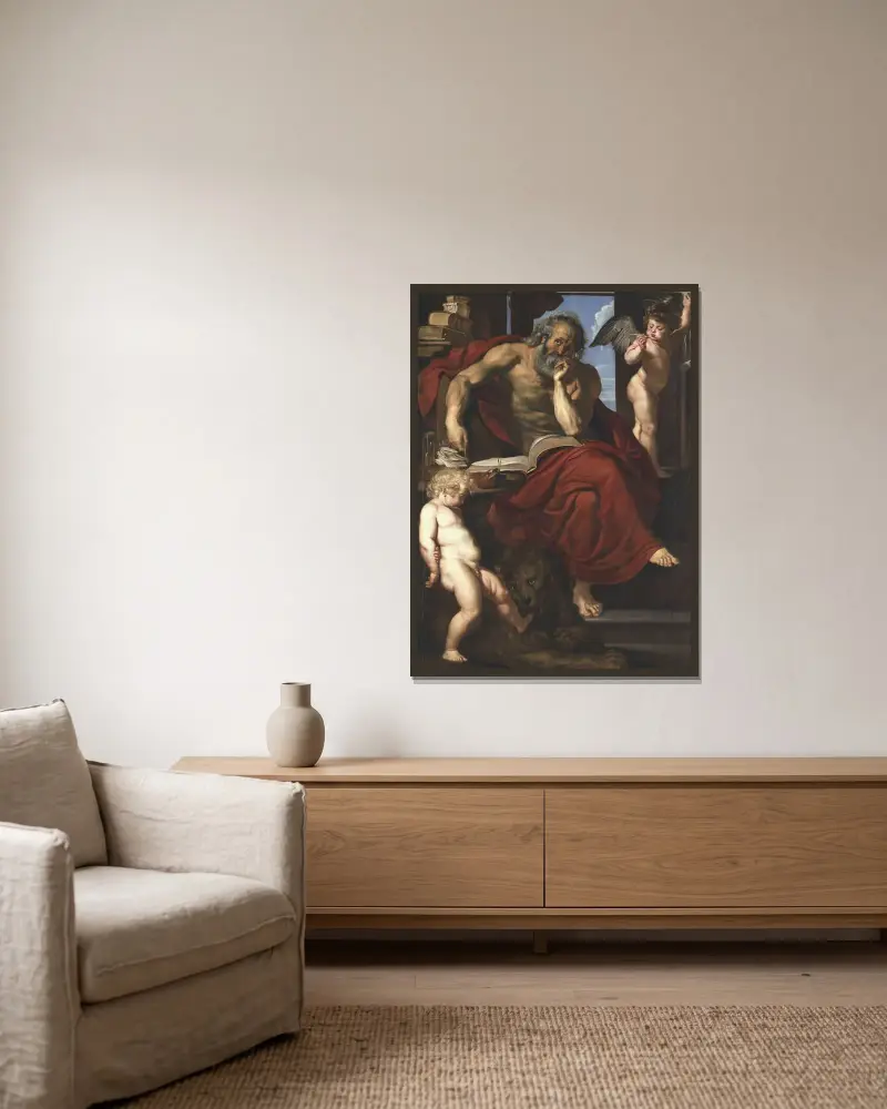 St. Jerome in his Hermitage av Peter Paul Rubens inramad på en vägg