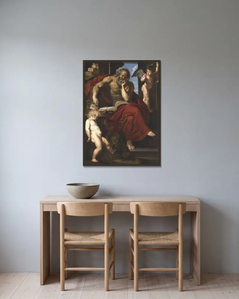 St. Jerome in his Hermitage av Peter Paul Rubens inramad på en vägg