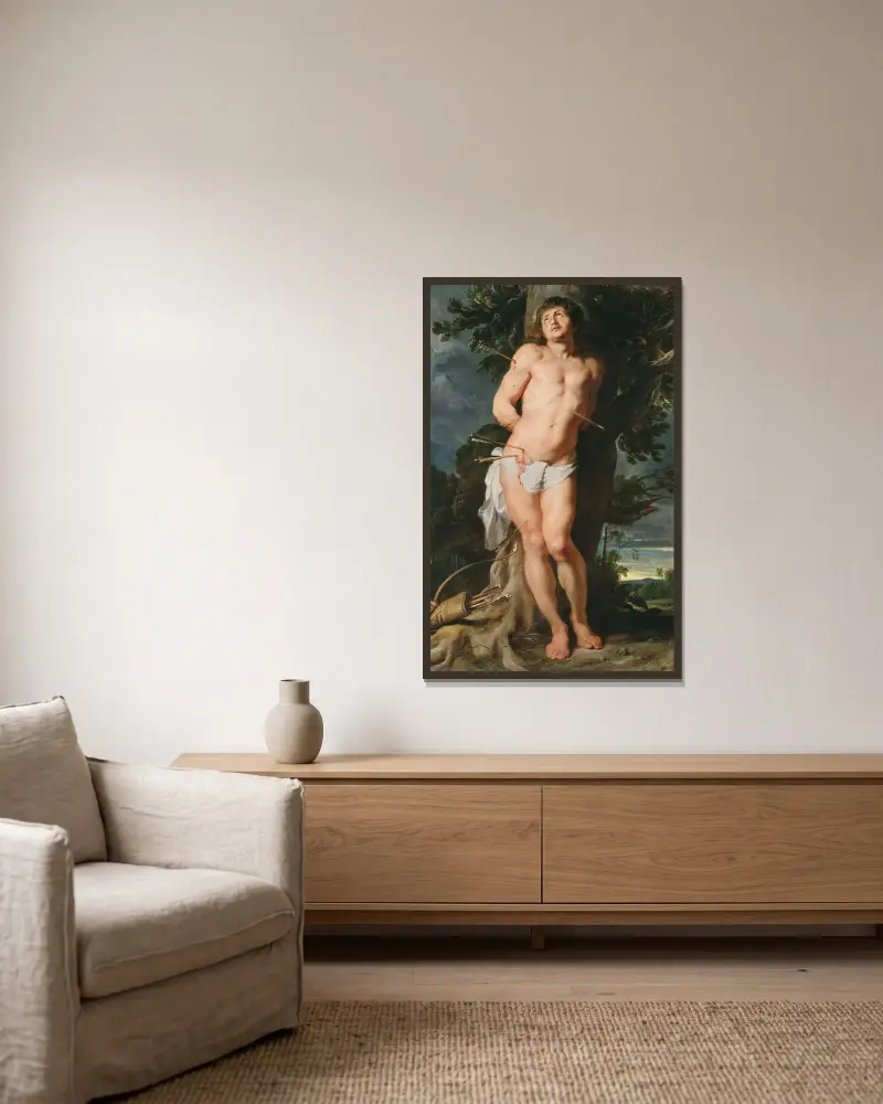 St. Sebastian av Peter Paul Rubens inramad på en vägg