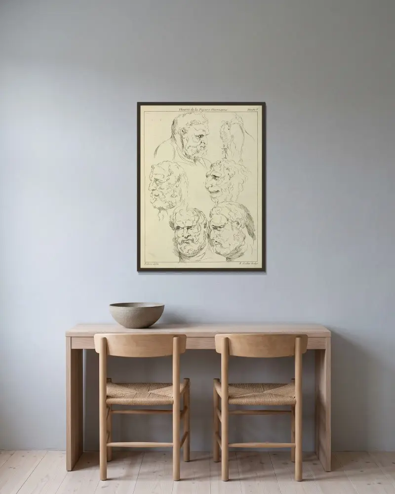 Studier av huvudet på en skäggig man och huvudet på en varelse av Peter Paul Rubens inramad på en vägg