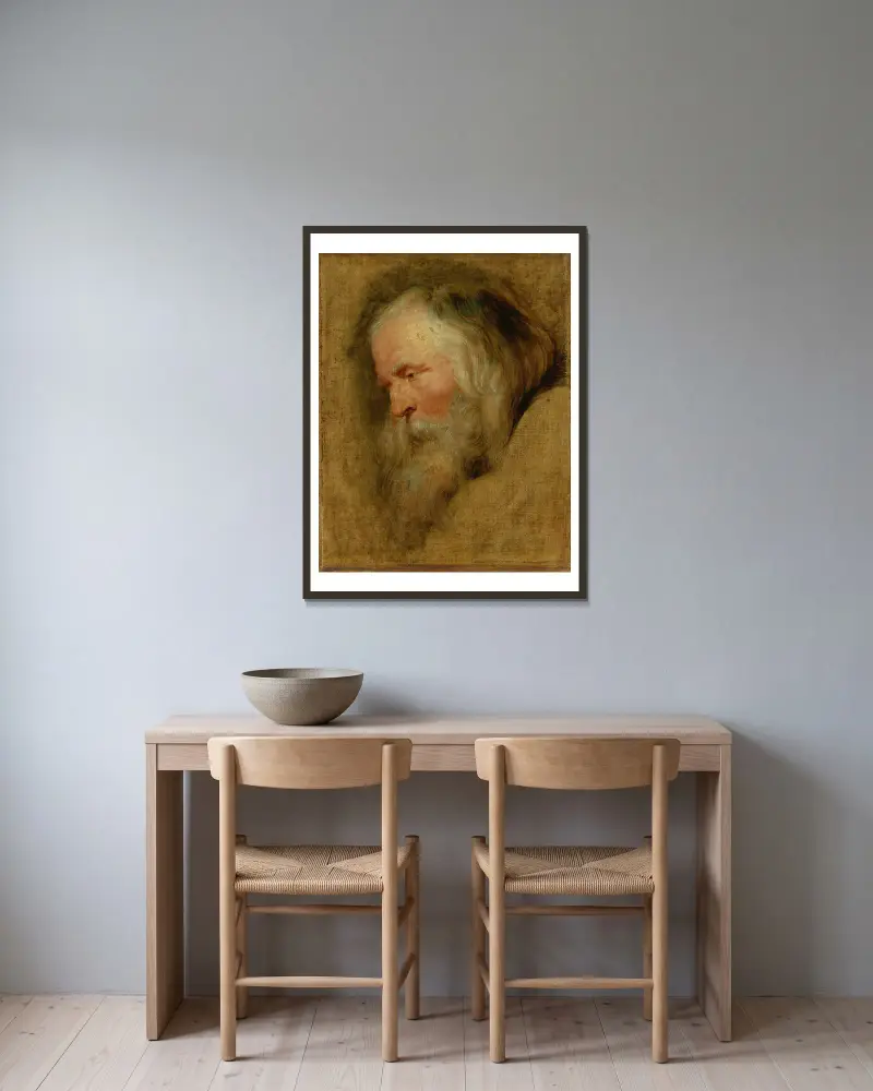Studie av huvudet på Caspar, den äldste av de tre vise männen av Follower of Peter Paul Rubens inramad på en vägg