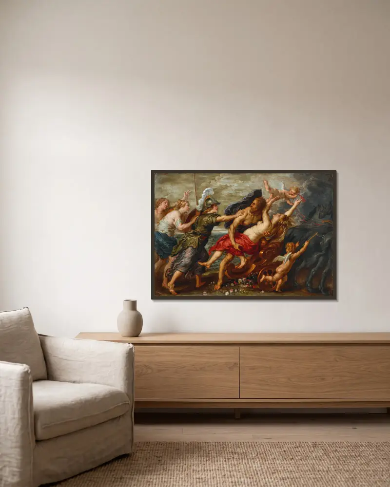 Proserpinas bortrövande av Follower of Peter Paul Rubens inramad på en vägg