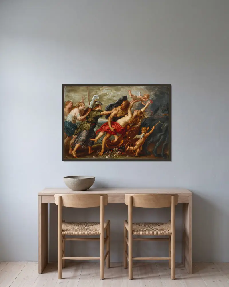 Proserpinas bortrövande av Follower of Peter Paul Rubens inramad på en vägg