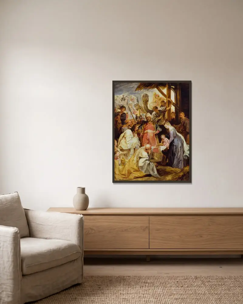Konungarnas tillbedjan, 1624 av Peter Paul Rubens inramad på en vägg
