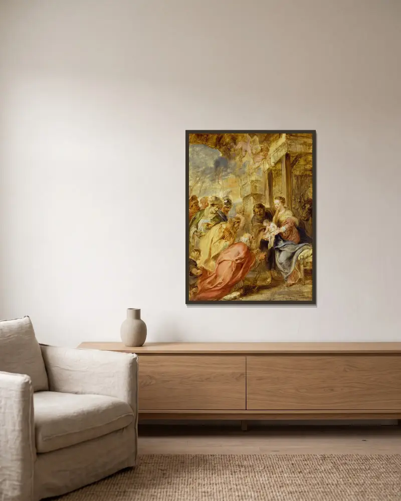 Konungarnas tillbedjan, 1633 av Peter Paul Rubens inramad på en vägg