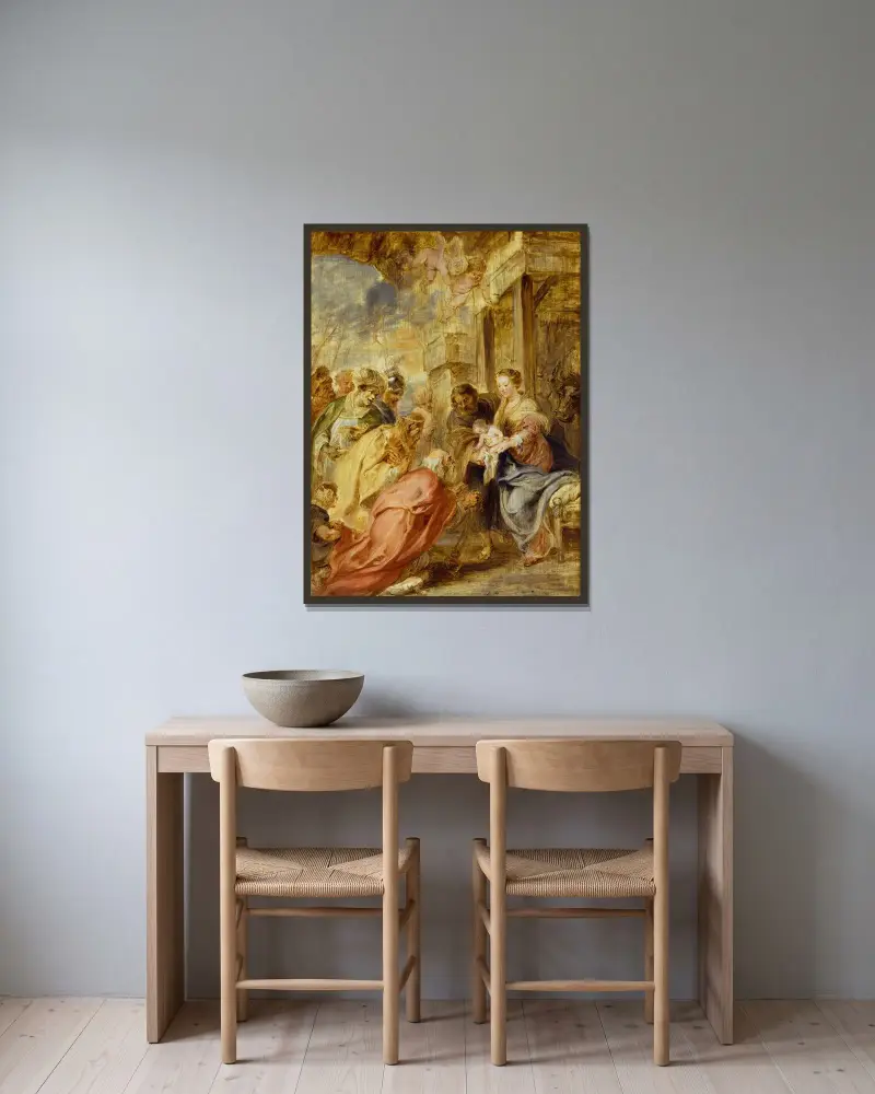 Konungarnas tillbedjan, 1633 av Peter Paul Rubens inramad på en vägg
