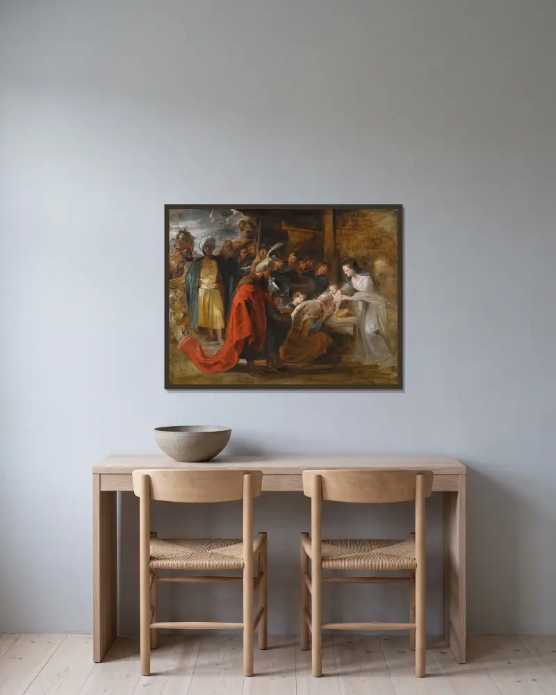 Konungarnas tillbedjan – nr 1 av Peter Paul Rubens inramad på en vägg