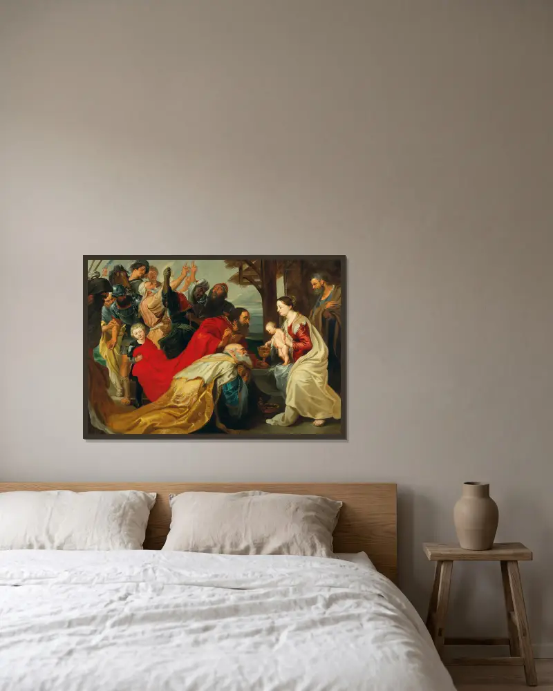 Konungarnas tillbedjan av Follower of Peter Paul Rubens inramad på en vägg