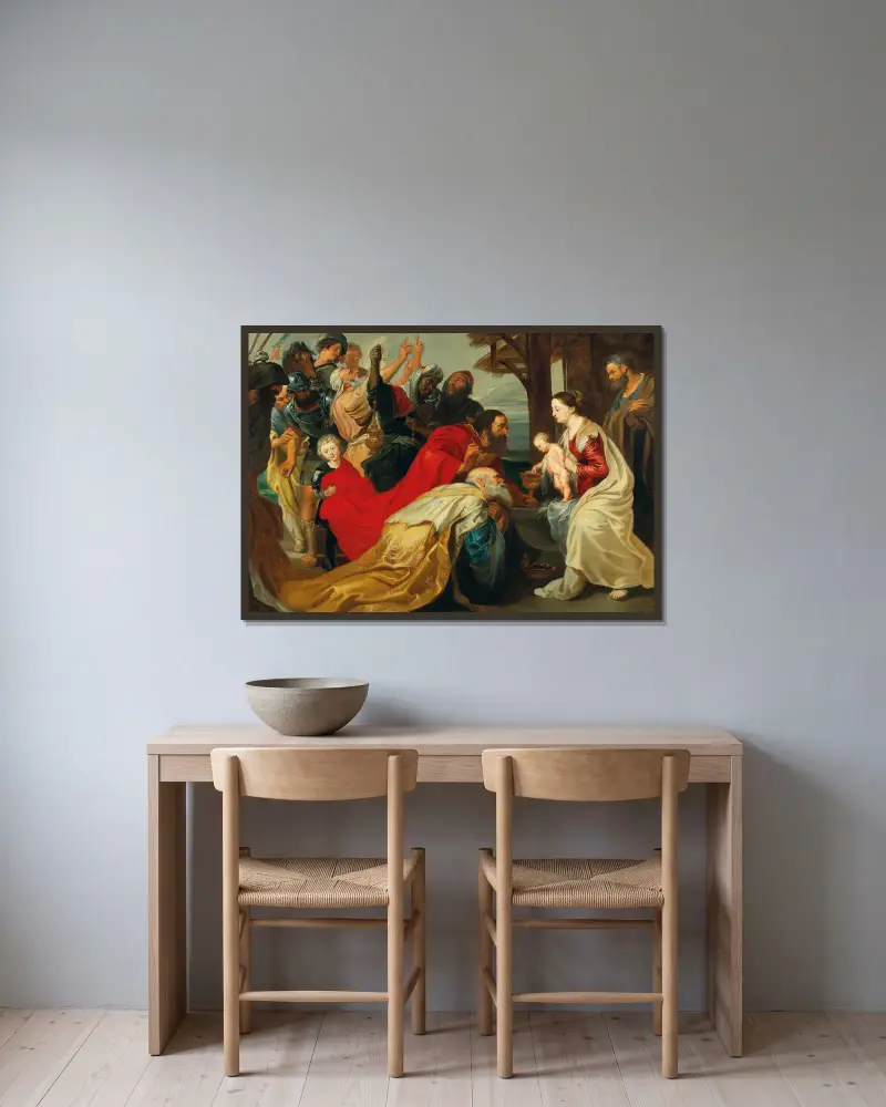 Konungarnas tillbedjan av Follower of Peter Paul Rubens inramad på en vägg
