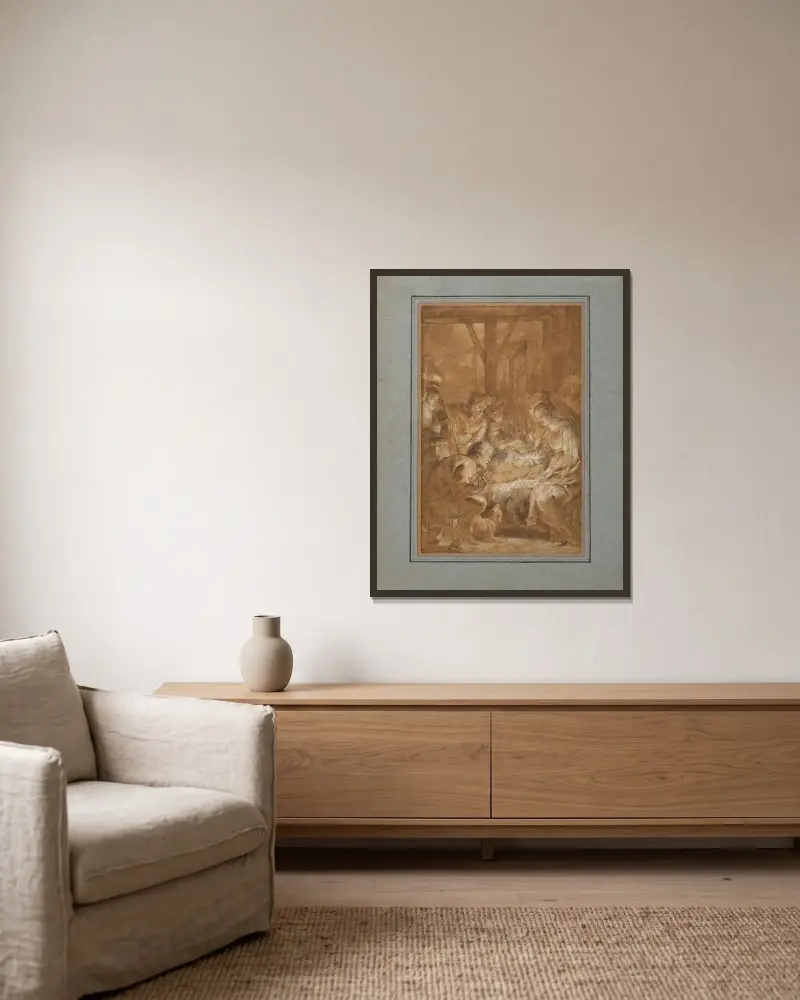 The Adoration of the Shepherds, 1613 av Peter Paul Rubens inramad på en vägg