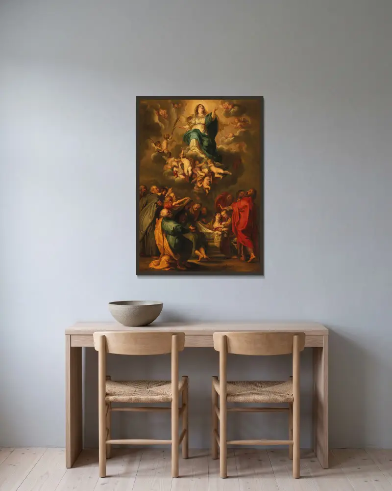Jungfru Marie himmelsfärd av Follower of Peter Paul Rubens inramad på en vägg