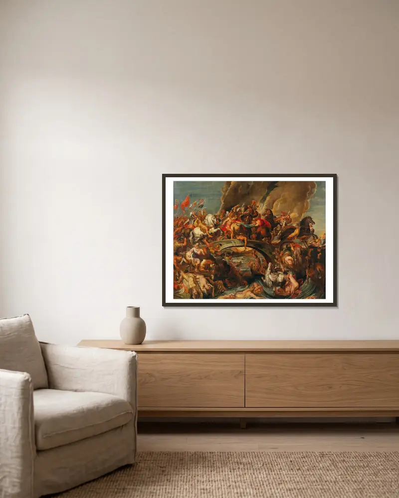 Die Amazonenschlacht von Follower of Peter Paul Rubens gerahmt an einer Wand