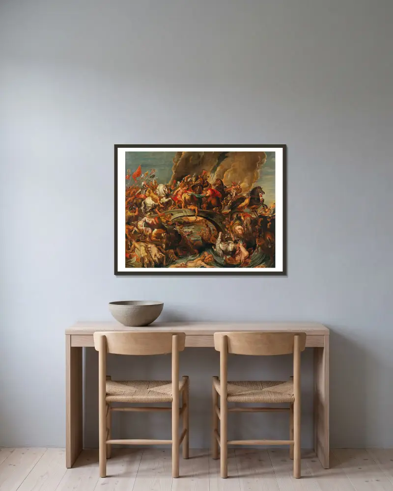 Die Amazonenschlacht von Follower of Peter Paul Rubens gerahmt an einer Wand