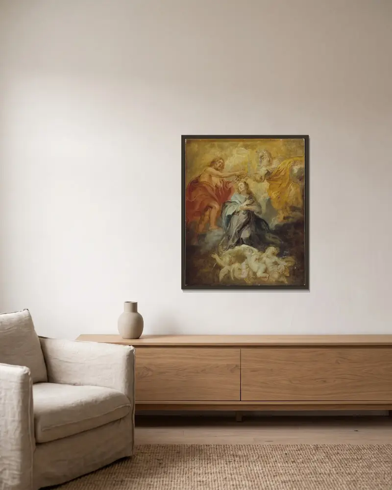 Jungfru Marie kröning av Peter Paul Rubens inramad på en vägg