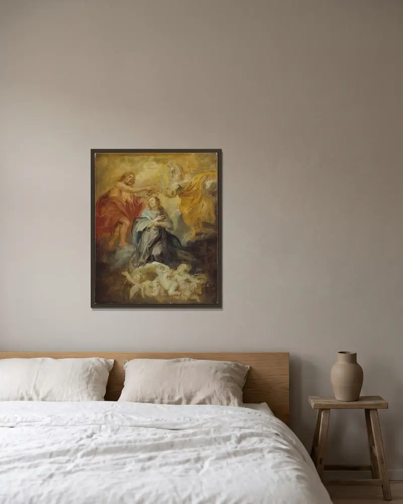 Jungfru Marie kröning av Peter Paul Rubens inramad på en vägg