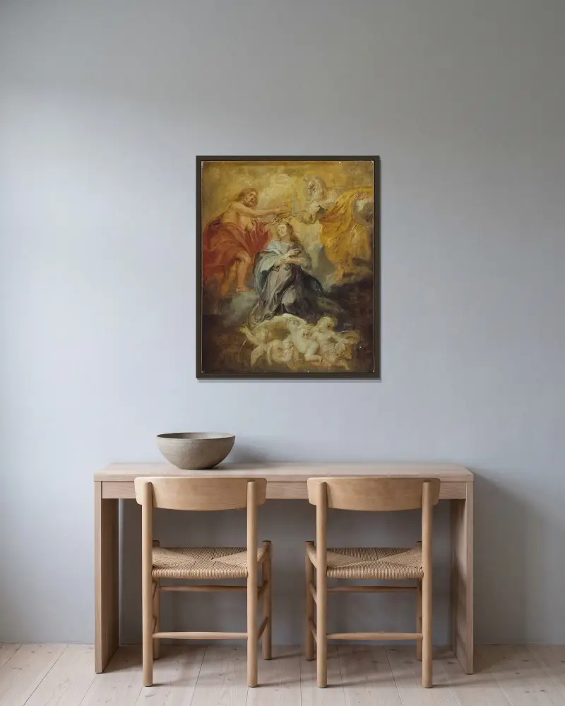 Jungfru Marie kröning av Peter Paul Rubens inramad på en vägg