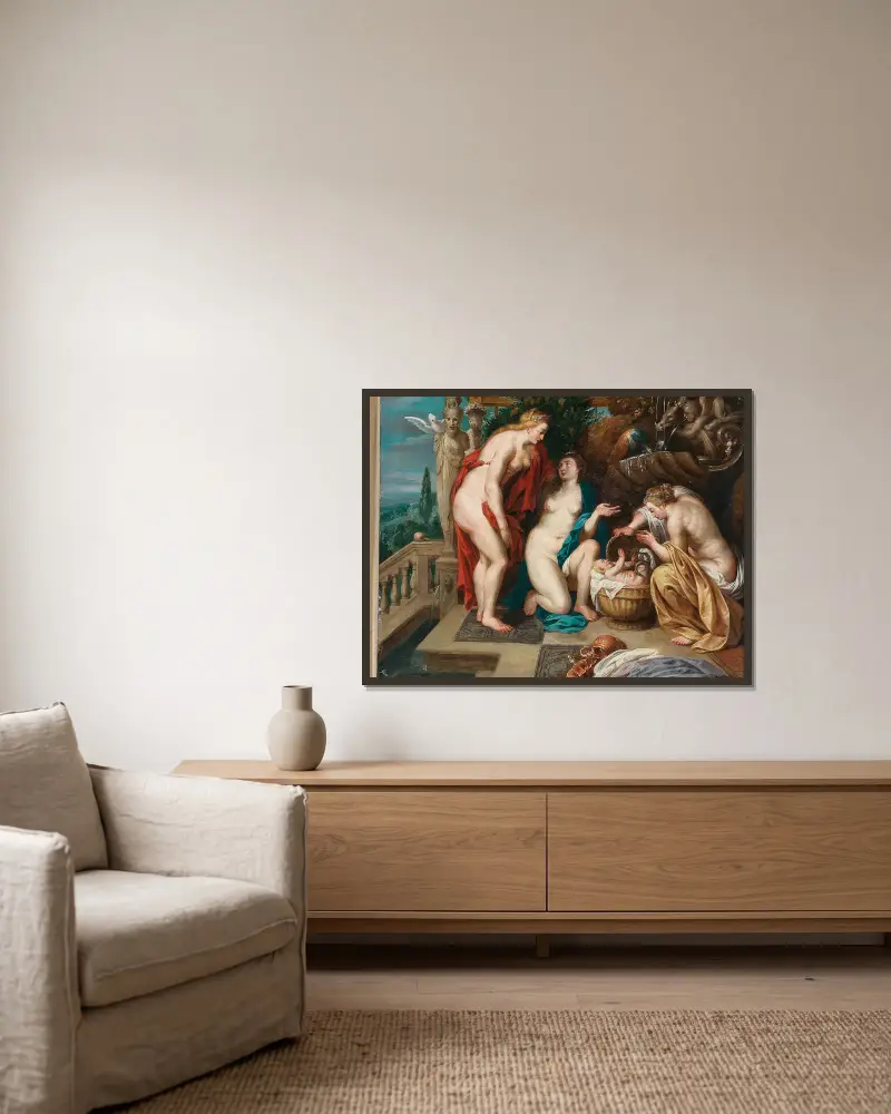 Kekrops döttrar finner barnet Erichthonius av Follower of Peter Paul Rubens inramad på en vägg
