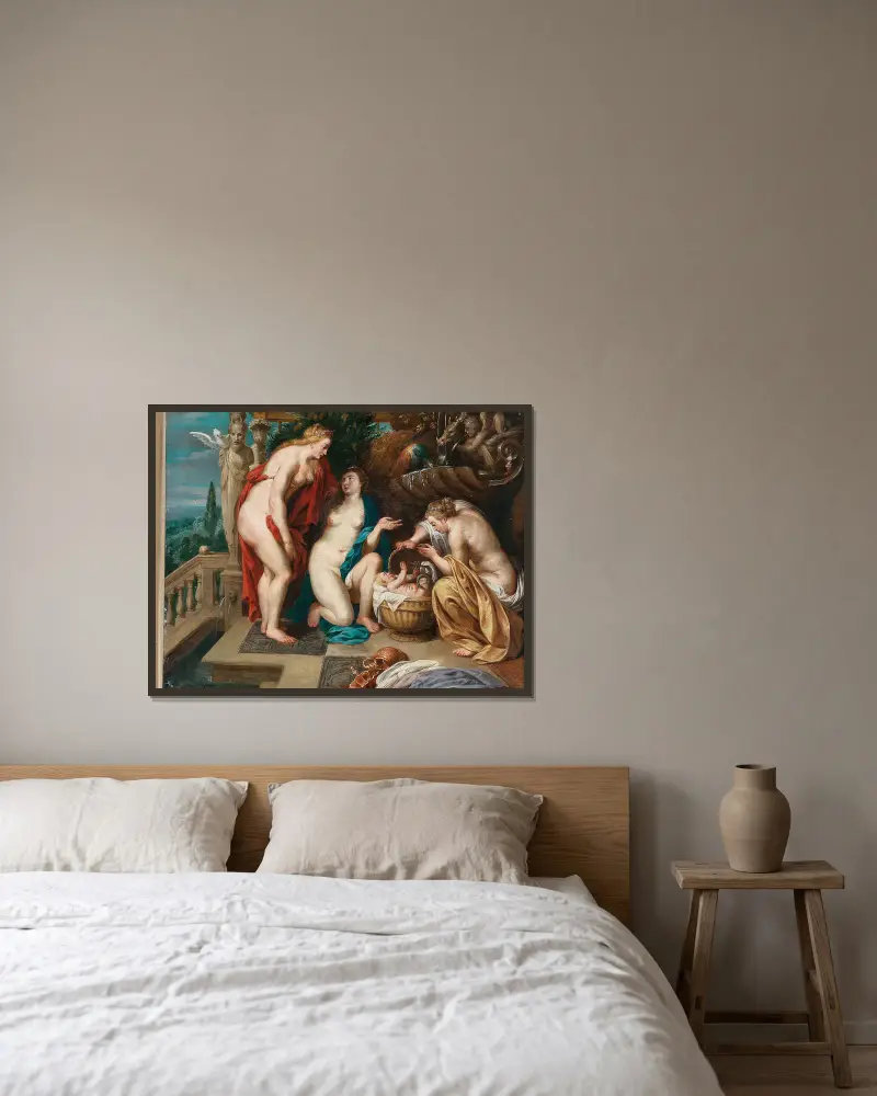 Kekrops döttrar finner barnet Erichthonius av Follower of Peter Paul Rubens inramad på en vägg