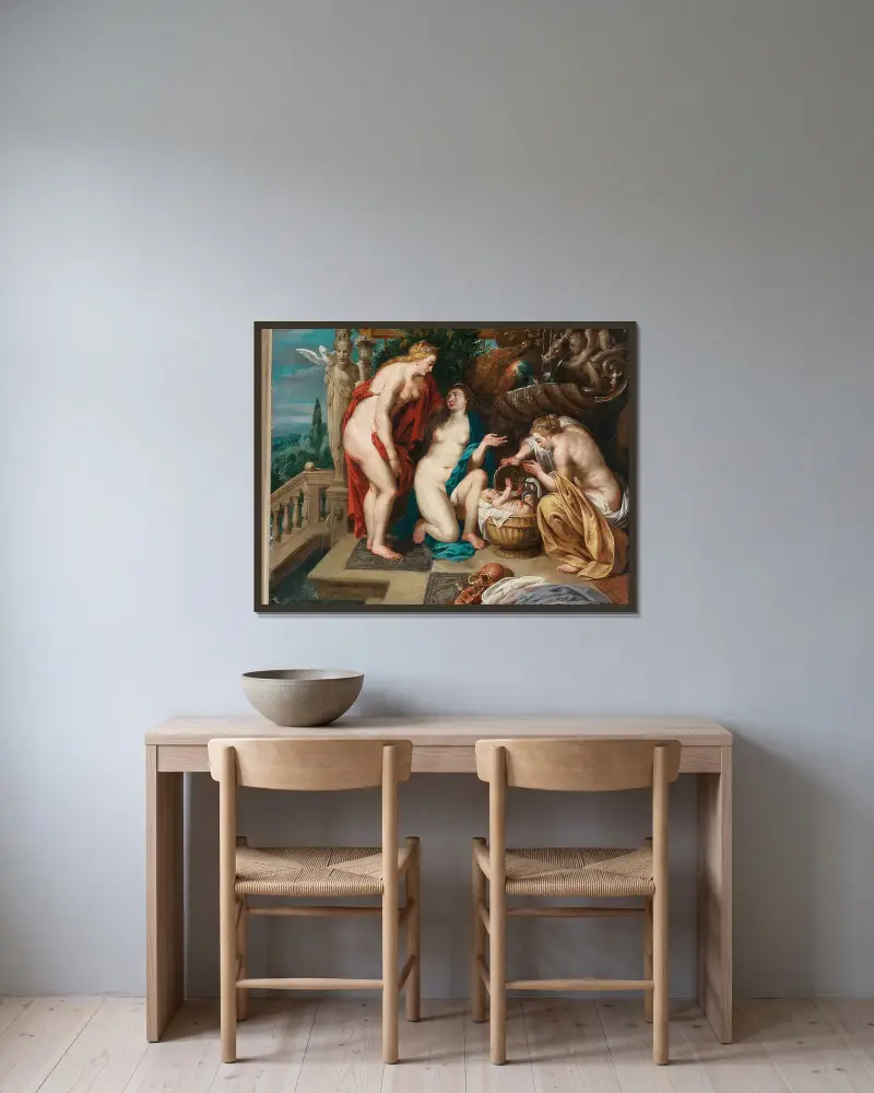 Kekrops döttrar finner barnet Erichthonius av Follower of Peter Paul Rubens inramad på en vägg