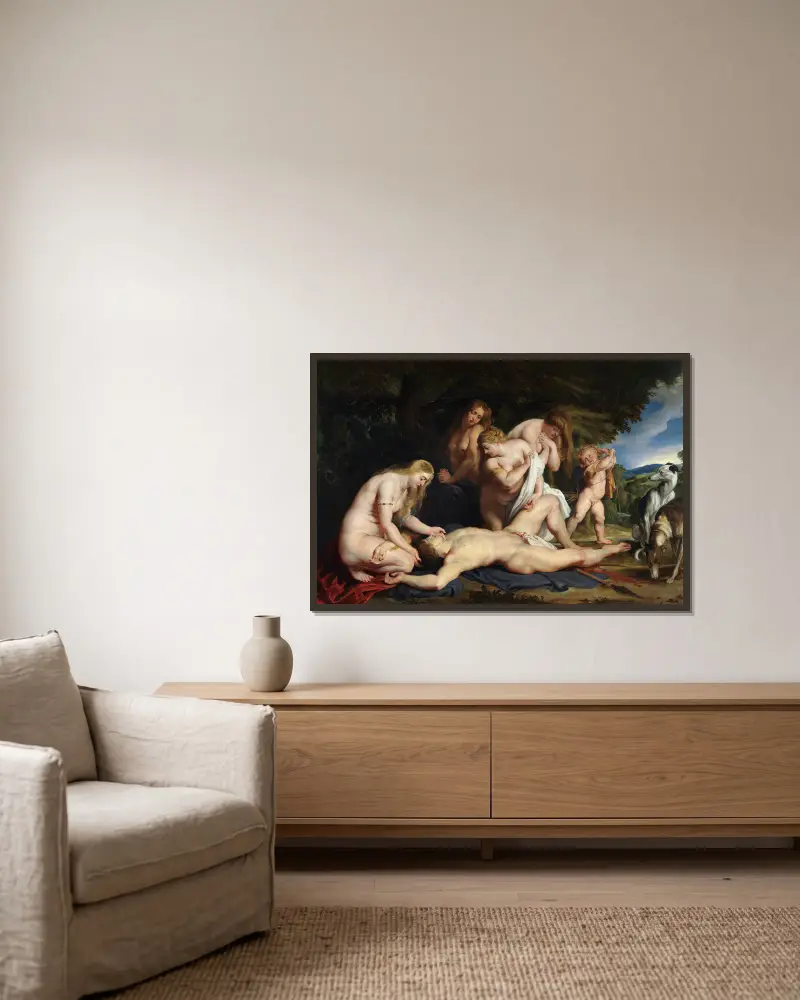 Adonis död (med Venus, Cupido och de tre gracerna) av Peter Paul Rubens inramad på en vägg