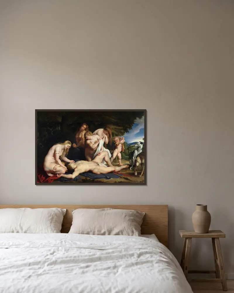Adonis död (med Venus, Cupido och de tre gracerna) av Peter Paul Rubens inramad på en vägg