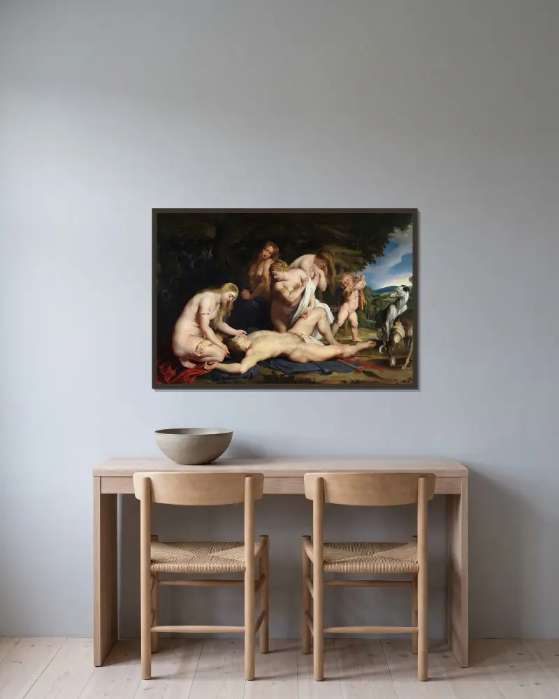 Adonis död (med Venus, Cupido och de tre gracerna) av Peter Paul Rubens inramad på en vägg