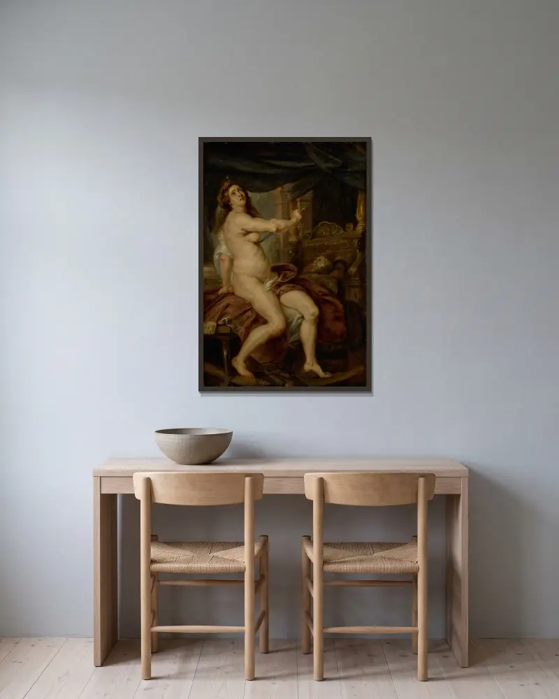 Didos död av Follower of Peter Paul Rubens inramad på en vägg