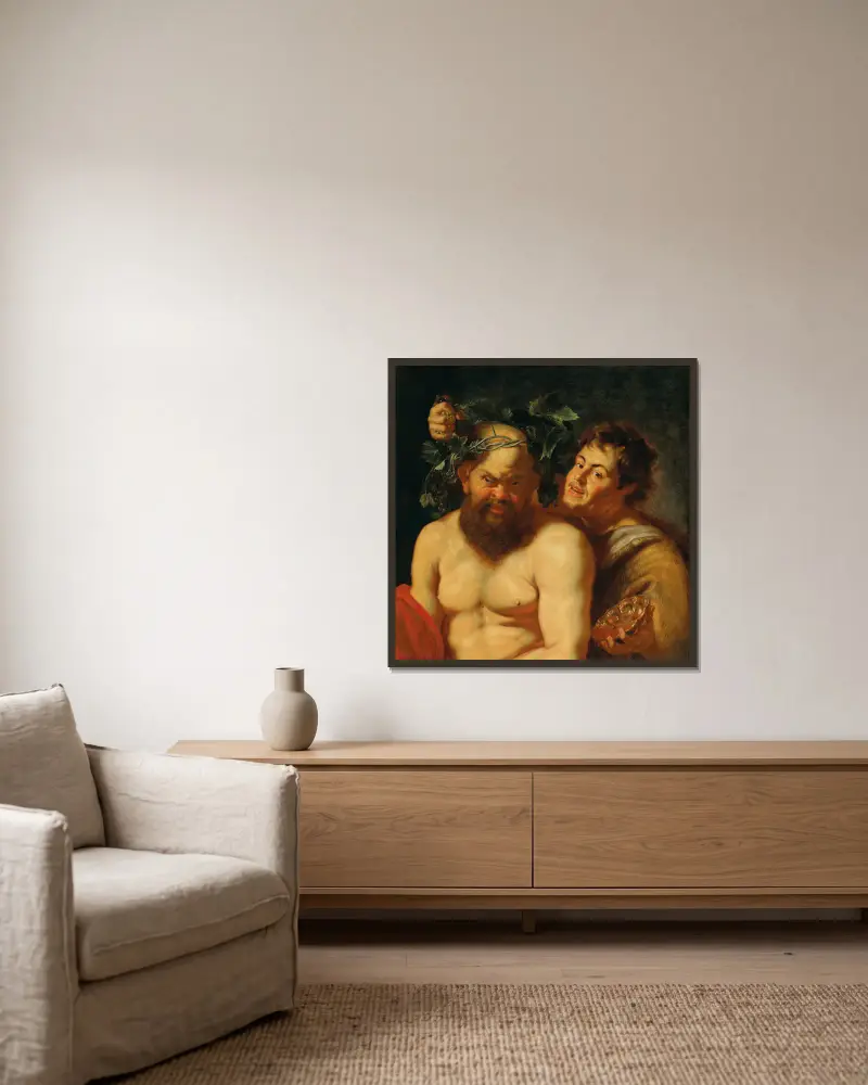 Den berusade Silenus med en satyr av Follower of Peter Paul Rubens inramad på en vägg