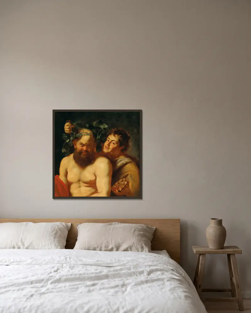 Den berusade Silenus med en satyr av Follower of Peter Paul Rubens inramad på en vägg