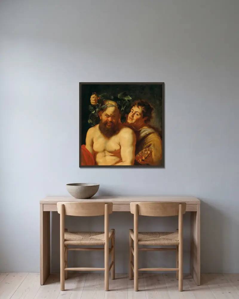 Den berusade Silenus med en satyr av Follower of Peter Paul Rubens inramad på en vägg