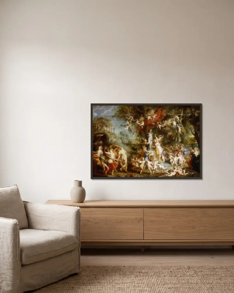 Das Venusfest von Peter Paul Rubens gerahmt an einer Wand