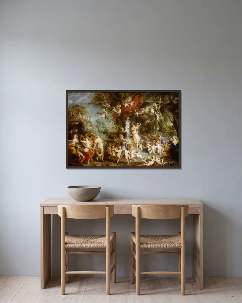 Das Venusfest von Peter Paul Rubens gerahmt an einer Wand