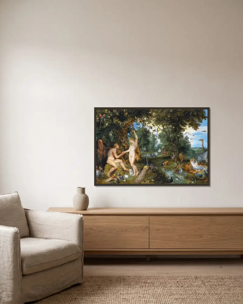 Der Garten Eden mit dem Sündenfall von Peter Paul Rubens gerahmt an einer Wand