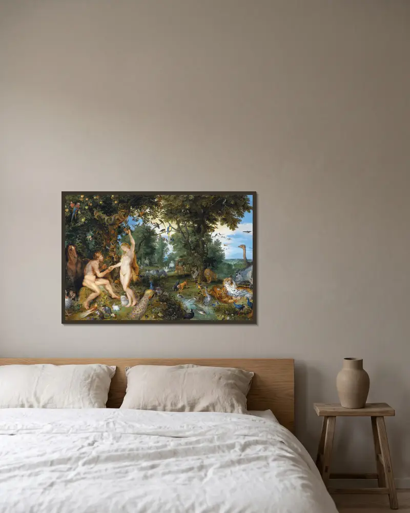 Der Garten Eden mit dem Sündenfall von Peter Paul Rubens gerahmt an einer Wand