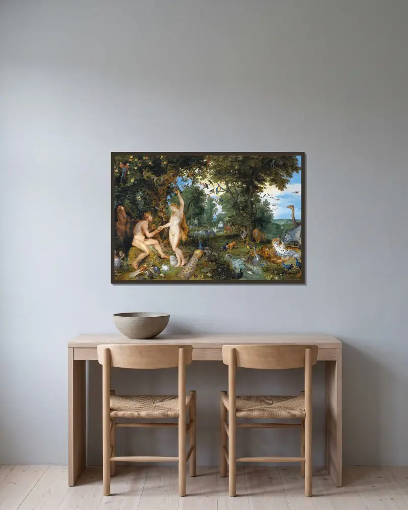 Der Garten Eden mit dem Sündenfall von Peter Paul Rubens gerahmt an einer Wand