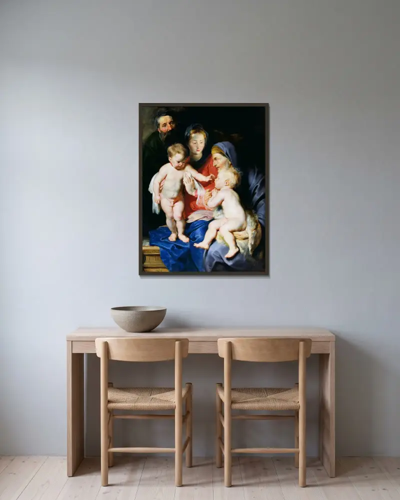 Den heliga familjen med den heliga Elisabet och Johannes Döparen av Peter Paul Rubens inramad på en vägg