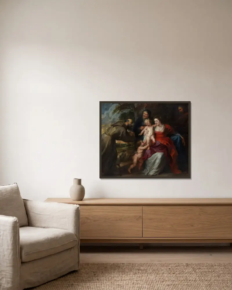 Den heliga familjen med de heliga Franciskus och Anna samt Johannes Döparen som barn av Peter Paul Rubens inramad på en vägg
