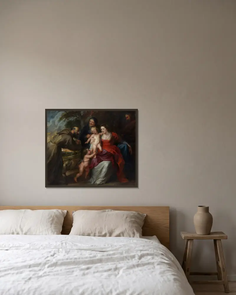 Den heliga familjen med de heliga Franciskus och Anna samt Johannes Döparen som barn av Peter Paul Rubens inramad på en vägg