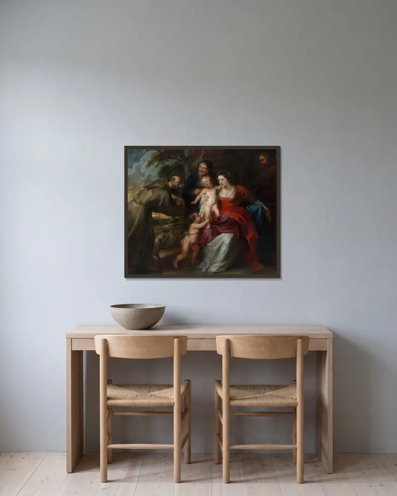 Den heliga familjen med de heliga Franciskus och Anna samt Johannes Döparen som barn av Peter Paul Rubens inramad på en vägg