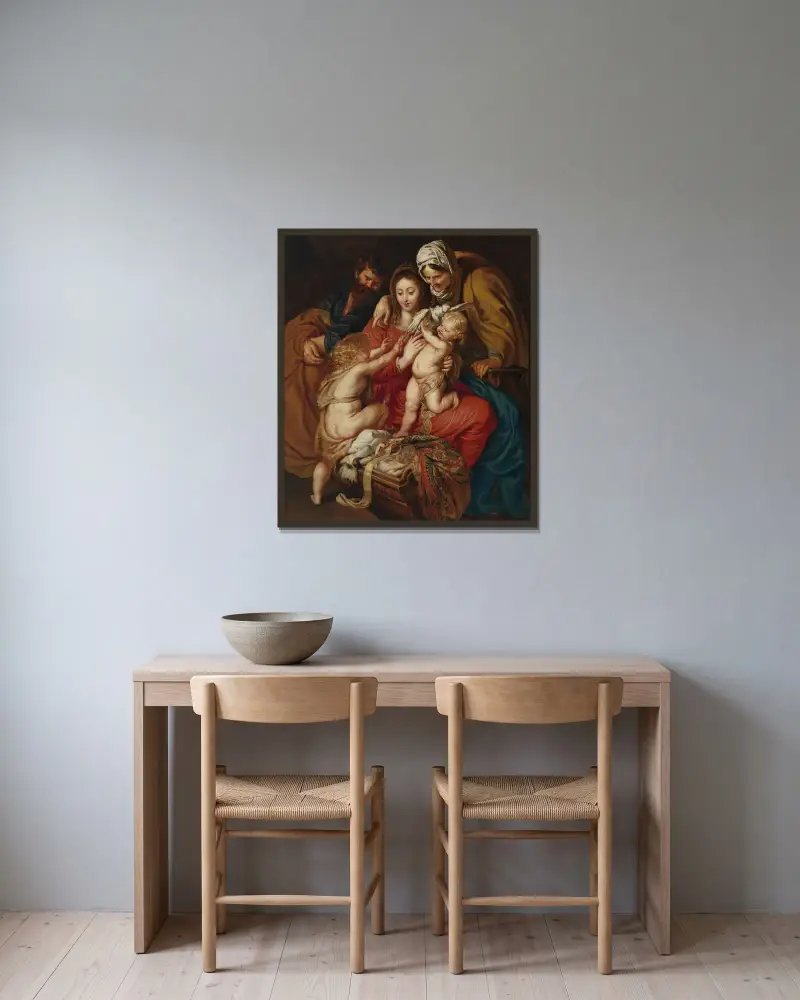 The Holy Family with St. Elizabeth, St. John, and a Dove av Peter Paul Rubens inramad på en vägg